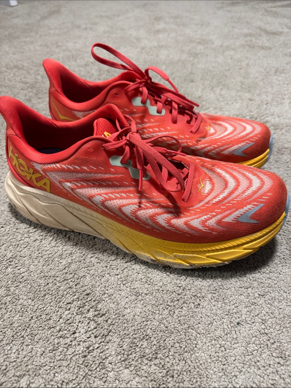 Hoka Arahi 6 - M Size 12 - Red and Yellow Cushioned Running Shoes